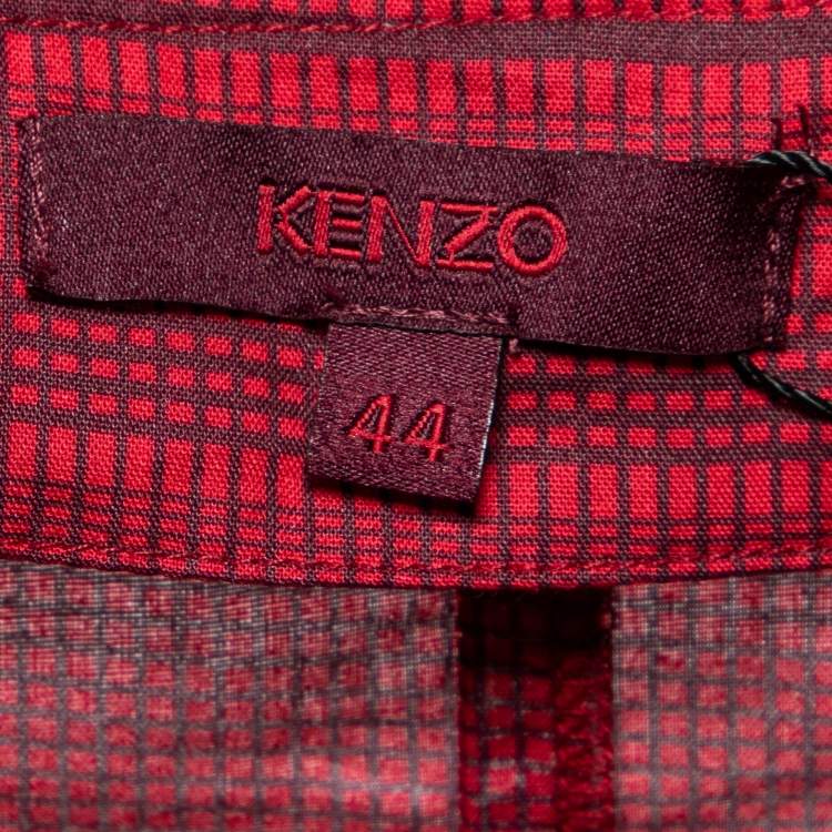 Pre Owned Kenzo Red Printed Cotton Front Tie Detail Blouse L