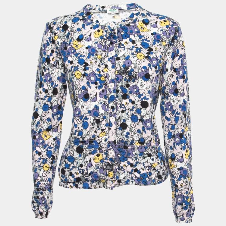 Pre Owned Kenzo Blue Multicolor Printed Knit Buttoned Cardigan M
