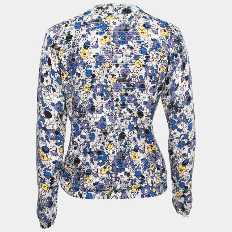Pre Owned Kenzo Blue Multicolor Printed Knit Buttoned Cardigan M
