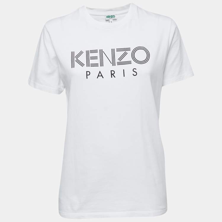 Pre Owned Kenzo White Cotton Logo Print Crew Neck T Shirt S