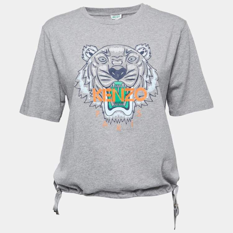 Pre Owned Kenzo Grey Cotton Tiger Motif Short Sleeve T-Shirt M