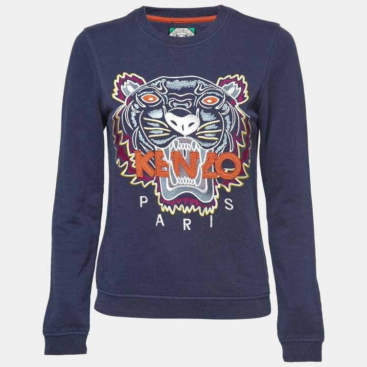 مملوكة مسبقًا Kenzo Navy Blue Cotton Tiger Motif Embroidered Sweatshirt S