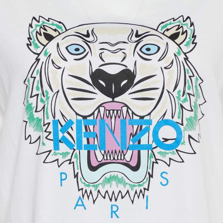 مملوكة مسبقًا Kenzo White Tiger Print Cotton Crew Neck T-Shirt L