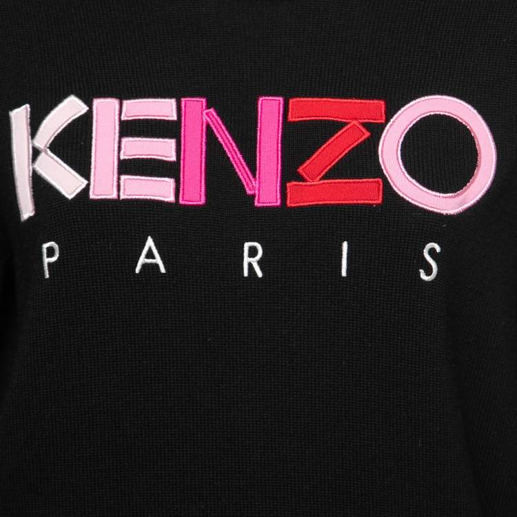 Pre Owned Kenzo Black Logo Embroidered Wool Knit Sweater M