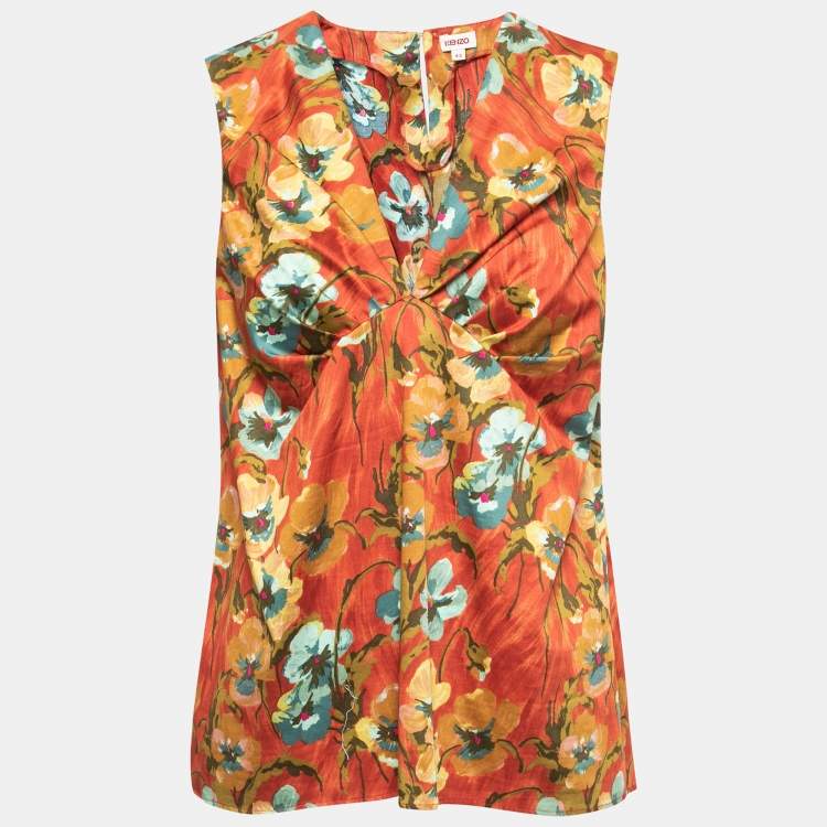 Pre Owned Kenzo Multicolor Floral Printed Cotton Ruched V-Neck Sleeveless Top L