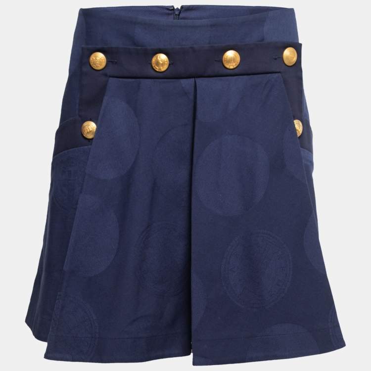 Pre Owned Kenzo Blue Jacquard Cotton Button Embellished Pleated Mini Skirt M