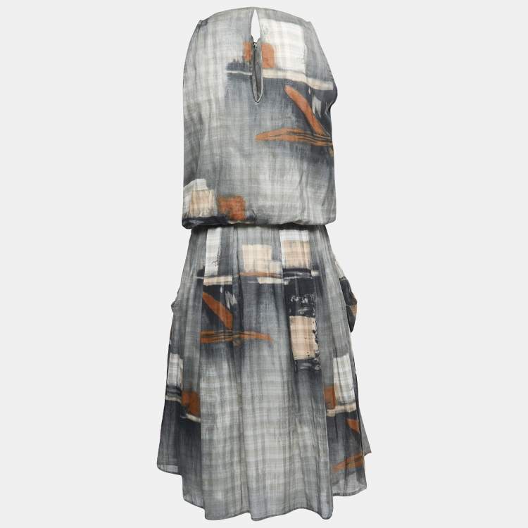 Pre Owned Kenzo Grey Abstract Printed Gauze Draped Asymmetrical Midi Dress M