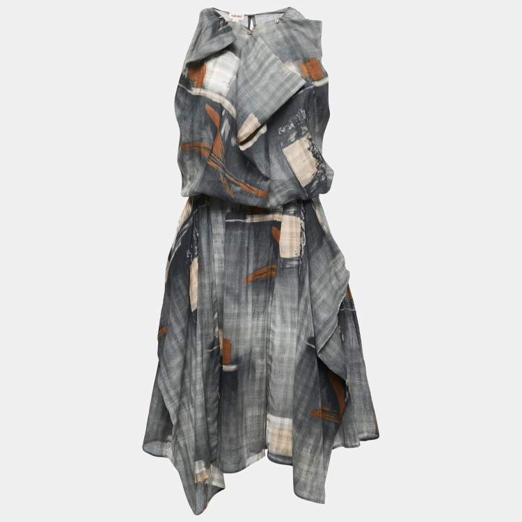 Pre Owned Kenzo Grey Abstract Printed Gauze Draped Asymmetrical Midi Dress M