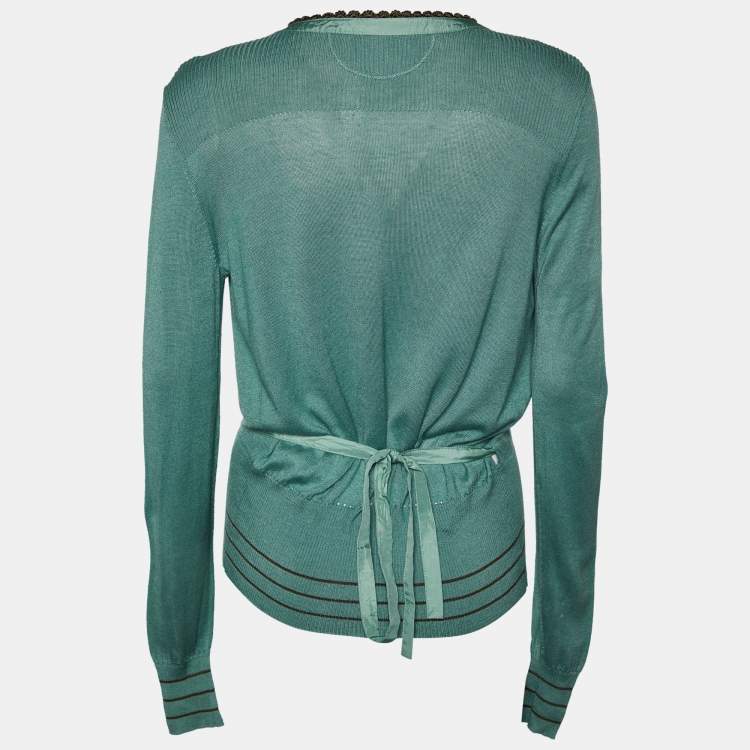 Pre Owned Kenzo Light Green Silk & Cashmere Knit Wrap Cardigan L