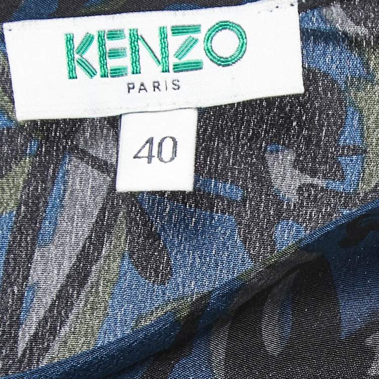 Pre Owned Kenzo Navy  Blue Floral Printed Silk Asymmetrical Peplum Top M