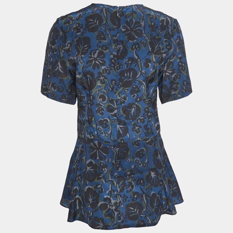 Pre Owned Kenzo Navy  Blue Floral Printed Silk Asymmetrical Peplum Top M