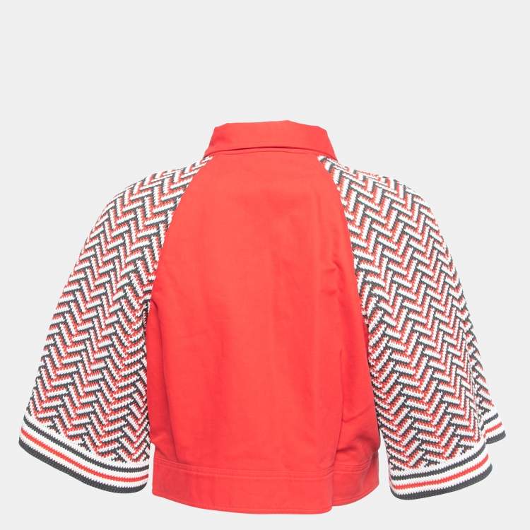 Pre Owned Kenzo Red Cotton Pattern Knitted Sleeves Button Front Cropped Jacket L