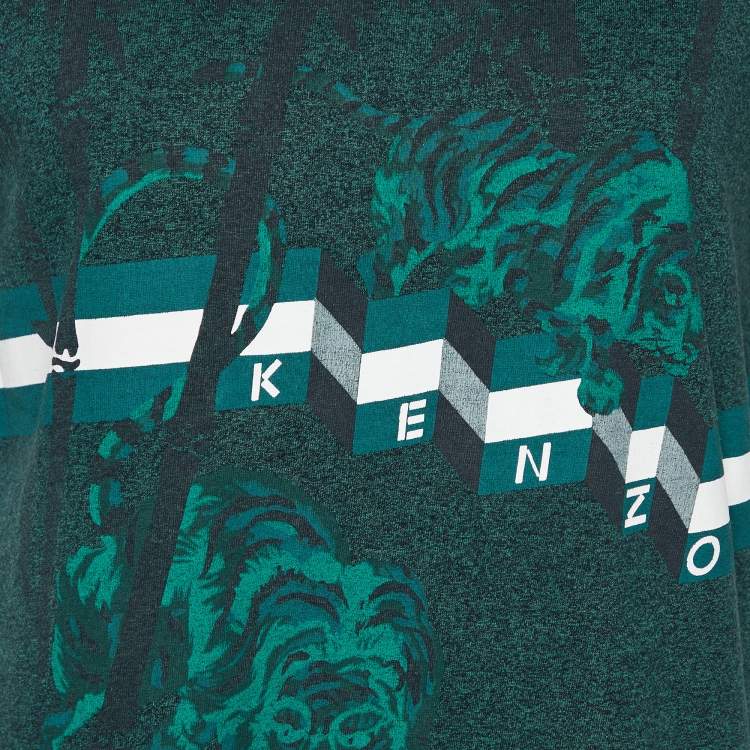Pre Owned Kenzo Dark Green Tiger Logo Printed Cotton Knit T-Shirt M