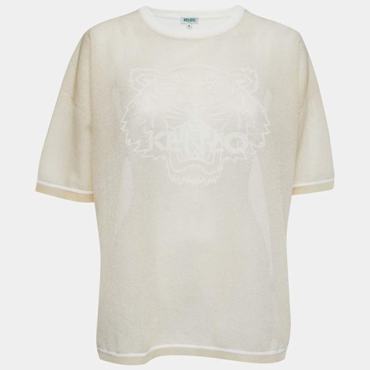 Pre Owned Kenzo Beige Tiger Motif Lurex Knit T-Shirt XL
