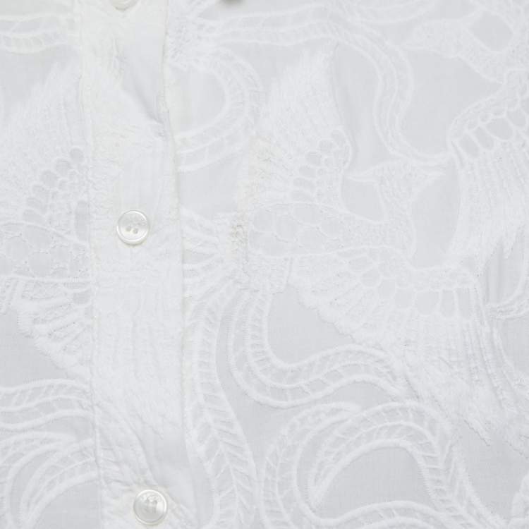 Pre Owned Kenzo White Floral Embroidered Cotton Short Sleeve Shirt XL