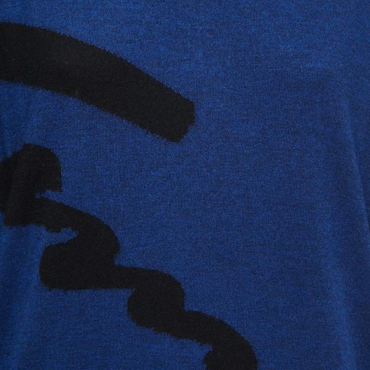 Pre Owned Kenzo Blue Logo Print Wool Crew Neck Sweater L