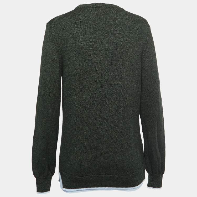 Pre Owned Kenzo Green Patterned Wool Logo Patch Crew Neck Sweater M