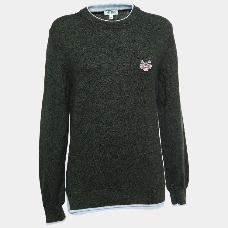 Pre Owned Kenzo Green Patterned Wool Logo Patch Crew Neck Sweater M
