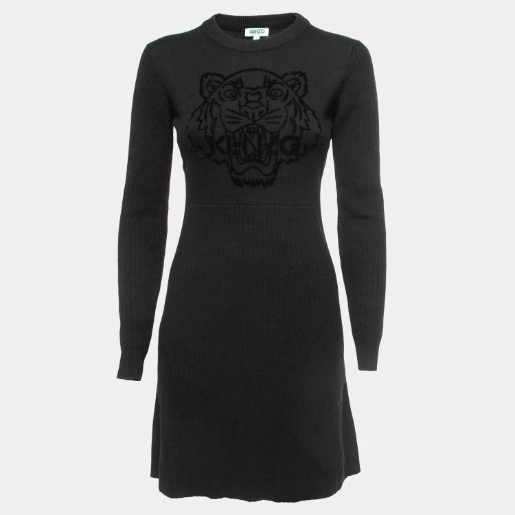 Pre Owned Kenzo Black Rib Knit Tiger Flock Detail Mini Dress S