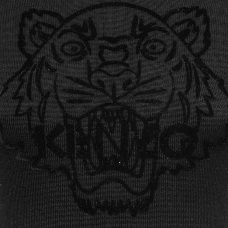 Pre Owned Kenzo Black Rib Knit Tiger Flock Detail Mini Dress S