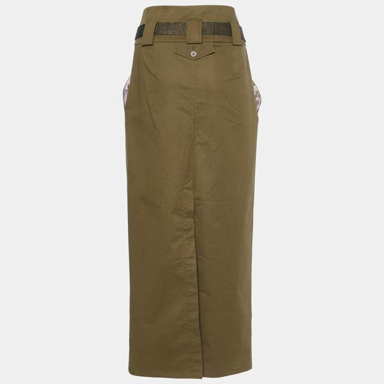 Pre Owned Kenzo Olive Green Cotton Belted Midi Skirt M