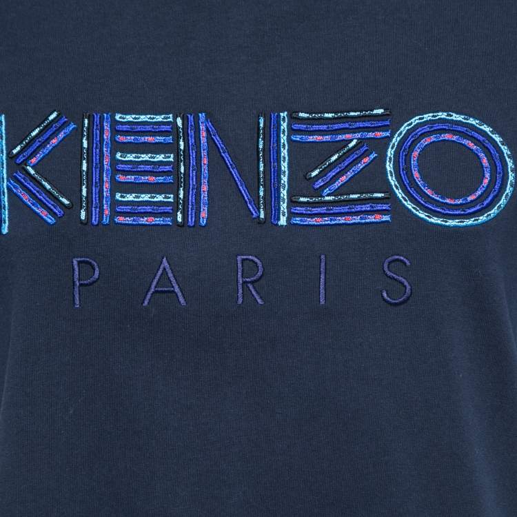 Pre Owned Kenzo Navy Blue Logo Embroidered Cotton Crew Neck T-Shirt L
