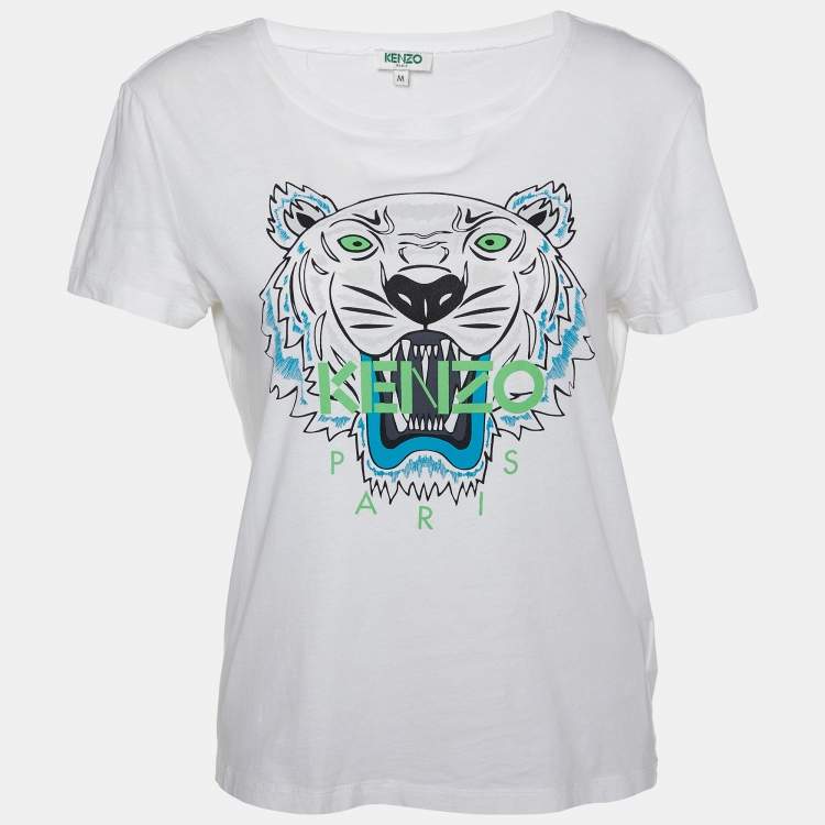 Pre Owned Kenzo White Tiger Motif Print Cotton Jersey Crew Neck T Shirt M