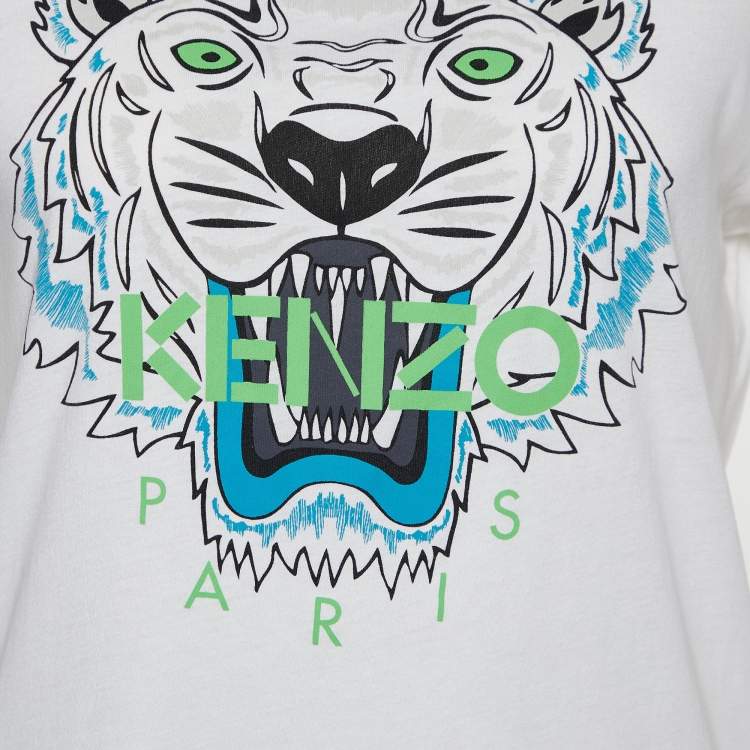 Pre Owned Kenzo White Tiger Motif Print Cotton Jersey Crew Neck T Shirt M