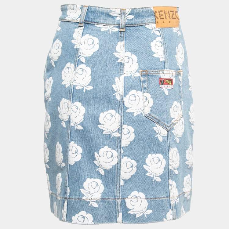 مملوكة مسبقًا Kenzo Blue Floral Print Denim Knee Length Skirt M 
