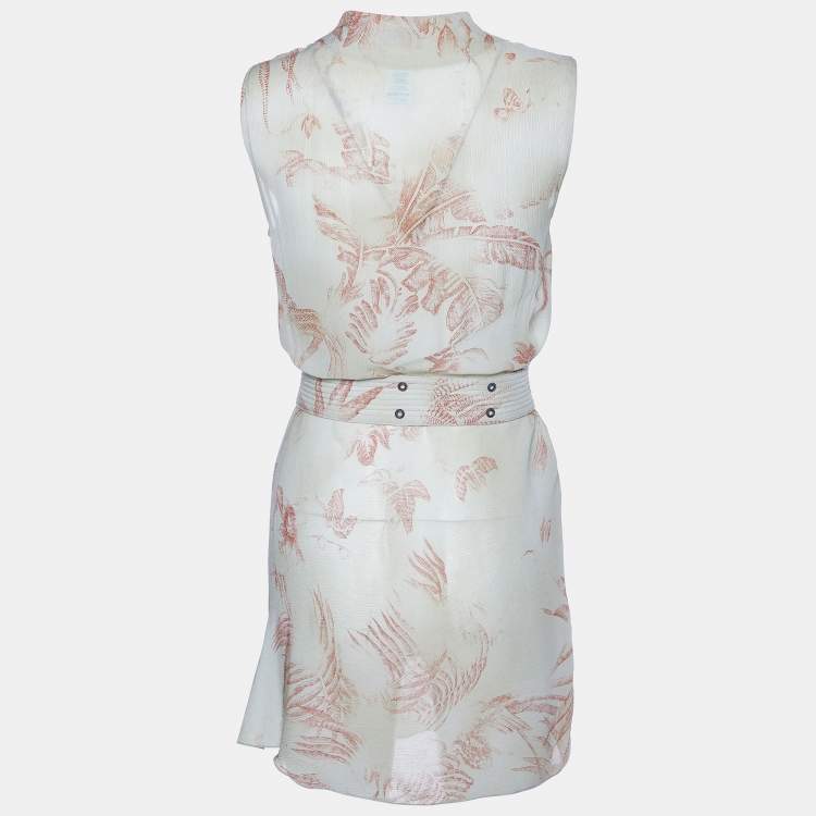 Pre Owned Kenzo Green Leaf Printed Chiffon Belted Mini Dress S