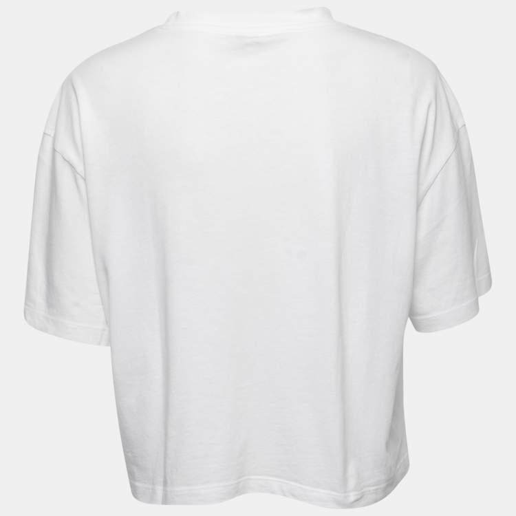 Pre Owned Kenzo White Logo Print Cotton Crew Neck Cropped Half Sleeve T-Shirt M