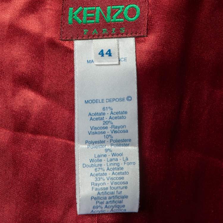 Pre Owned Kenzo Burgundy Lurex Jacquard Faux Fur Detail Wrap Jacket L