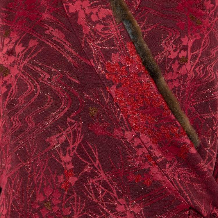 Pre Owned Kenzo Burgundy Lurex Jacquard Faux Fur Detail Wrap Jacket L