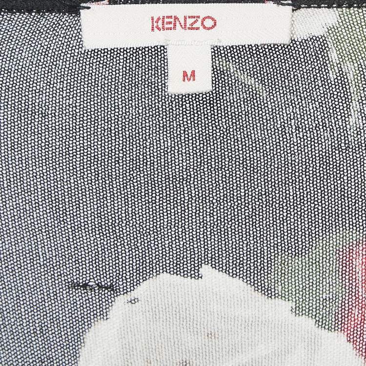 Pre Owned Kenzo Black/Red Checked Floral Print Silk Long Sleeve Top M