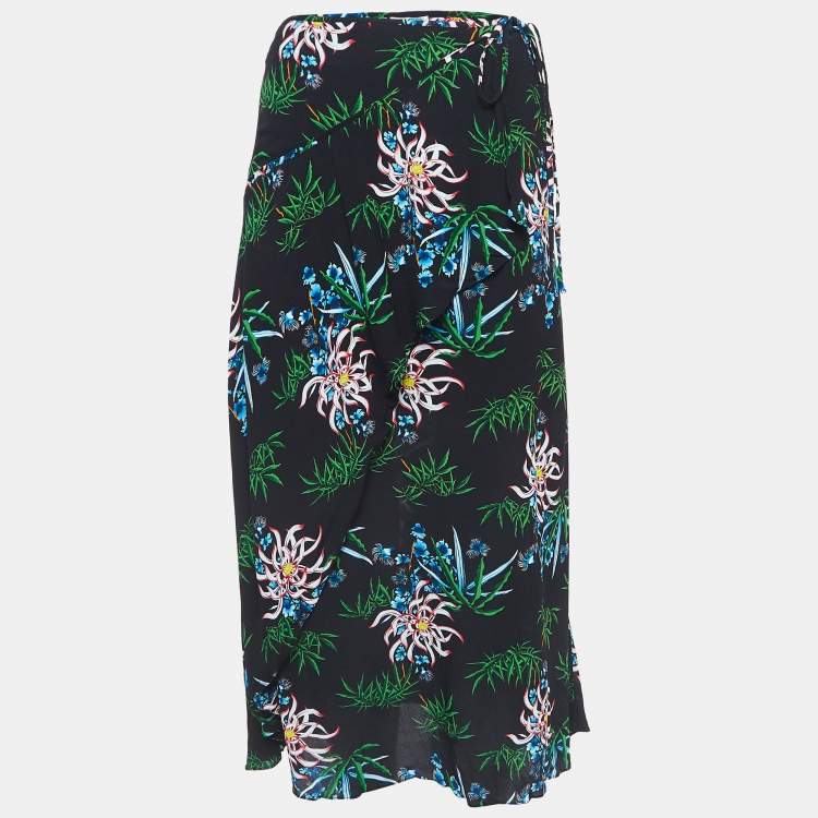 Pre Owned Kenzo Black Printed Crepe Wrap Effect Midi Skirt M