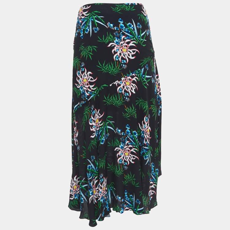 Pre Owned Kenzo Black Printed Crepe Wrap Effect Midi Skirt M