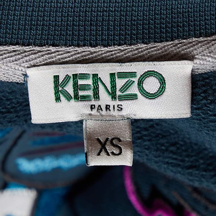 Pre Owned Kenzo Teal Green Tiger Embroidered Cotton Mini Dress S