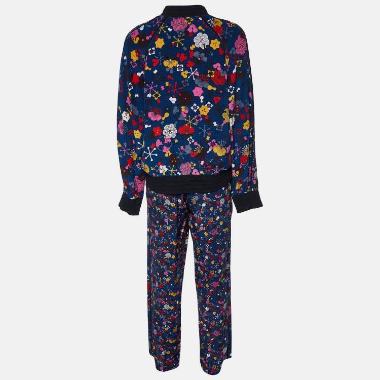Pre Owned Kenzo Dark Blue Floral Print Silk Track Suit M/L