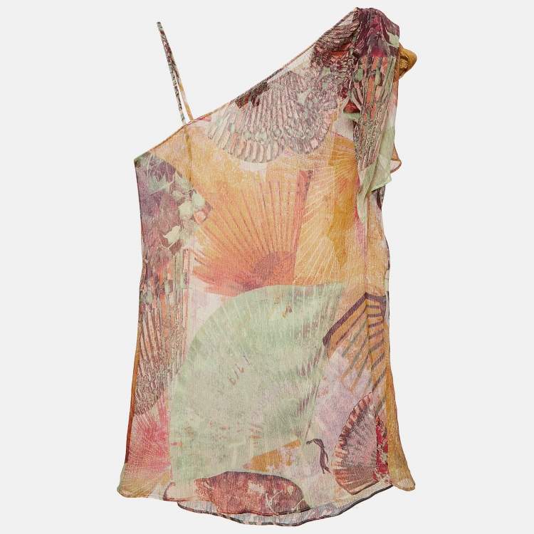 Pre Owned Kenzo Multicolor Printed Silk Shoulder Tie-Up Semi Sheer Top S