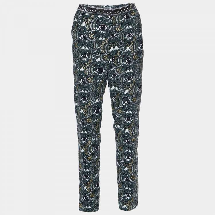 Pre Owned Kenzo Grey Eye Print Crepe Tapered Trousers M
