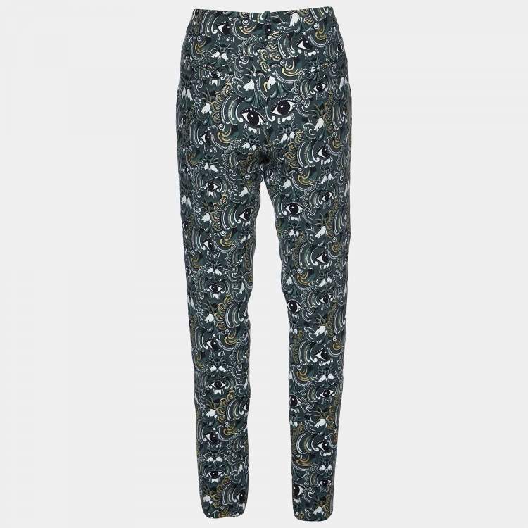 Pre Owned Kenzo Grey Eye Print Crepe Tapered Trousers M