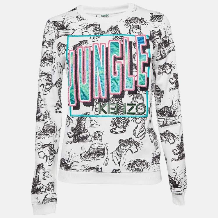 Pre Owned Kenzo White Jungle Embroidered Cotton Knit Crew Neck Sweatshirt S