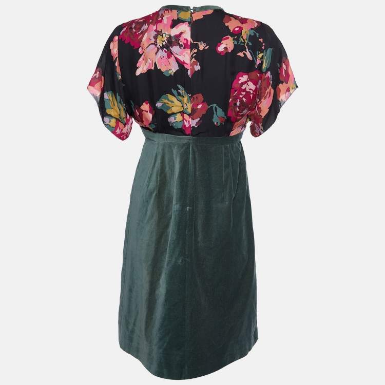 Pre Owned Kenzo Green Floral Print Silk & Velvet Knee-Length Dress M