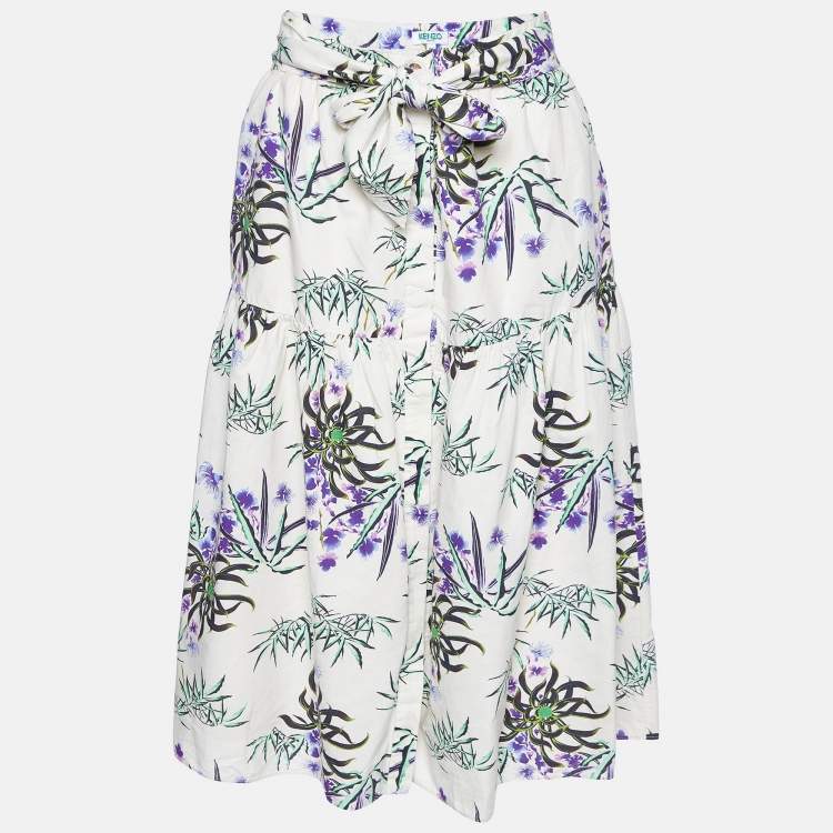 Pre Owned Kenzo White Sea Lily Print Cotton Midi Skirt S