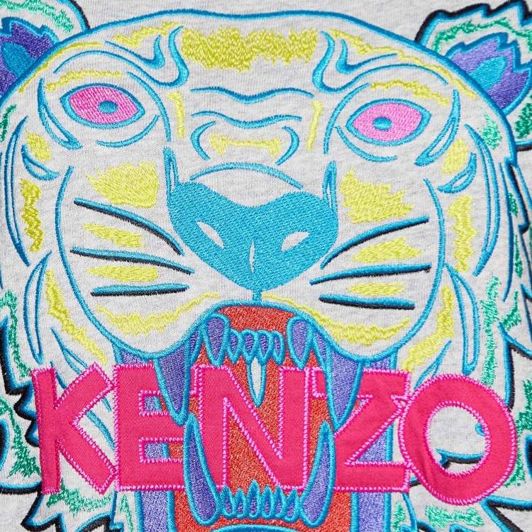 Pre Owned Kenzo Grey Cotton Tiger Embroidered Sweater Dress XL