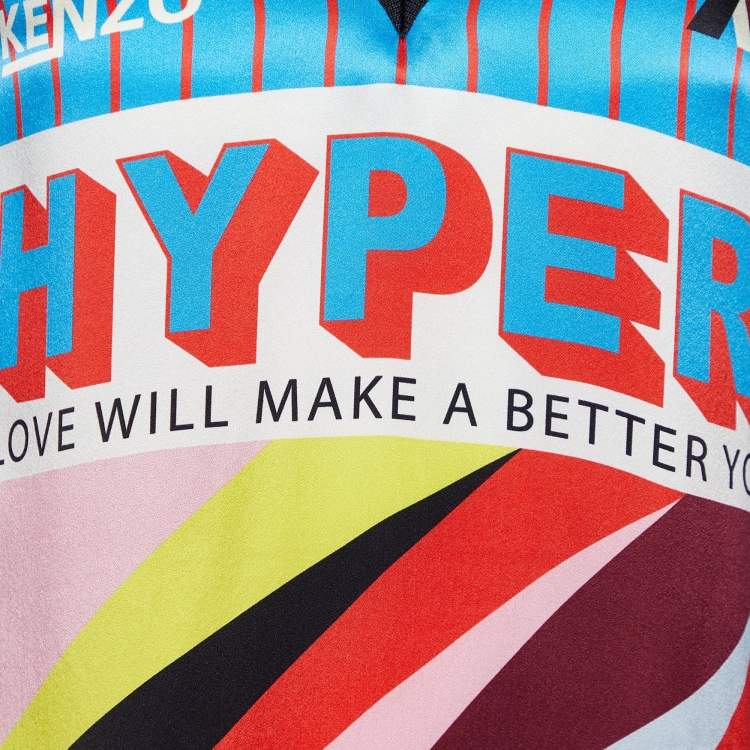 Pre Owned Kenzo Blue Hyper Stripe Print Silk Satin Shift Dress M