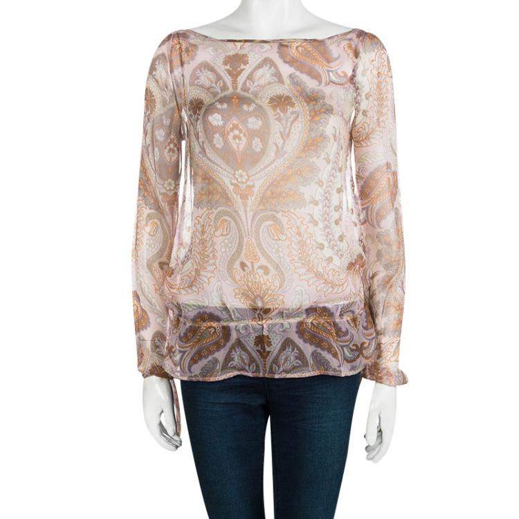 مملوكة مسبقًا Kenzo Pink Paisley Printed Crinkled Silk Chiffon Long Sleeve Blouse M