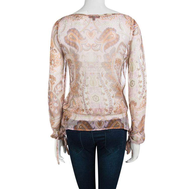 مملوكة مسبقًا Kenzo Pink Paisley Printed Crinkled Silk Chiffon Long Sleeve Blouse M