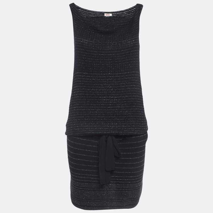 Pre Owned Kenzo Black Stripe Lurex Knit Belted Mini Dress M