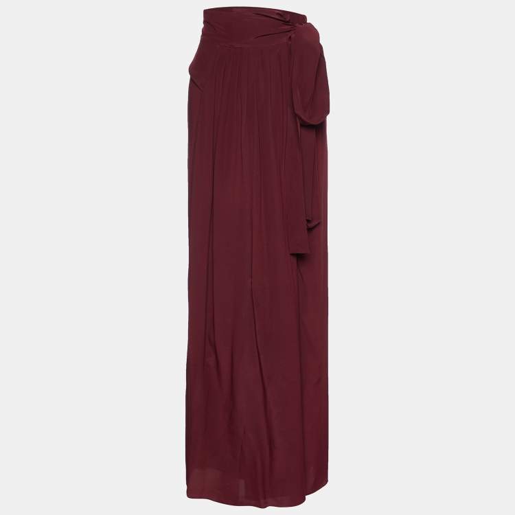 Pre Owned Kenzo Maroon Silk Wrap Maxi Skirt M